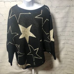 Poncho Style Sweater, Medium. Black and Gold stars